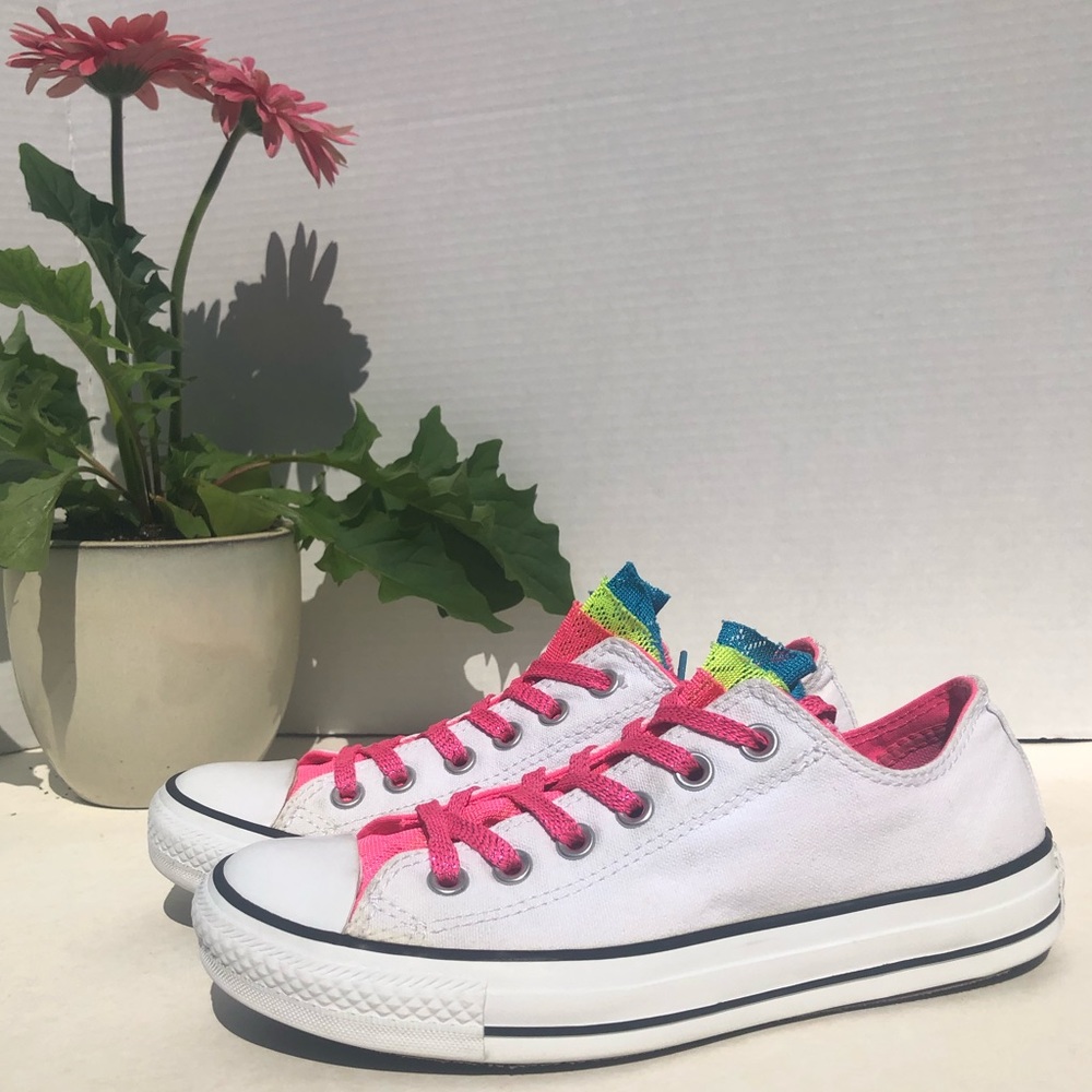 Women’s White Converse with multi-color tongue, 7